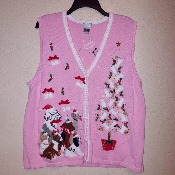 berek Sweaters - VTG Rare Pink Doggie Christmas Vest Beaded 3-D Bones Tennis Balls Size XL